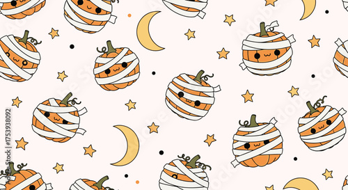 Cute mummy pumpkins and crescent moon pattern for Halloween.