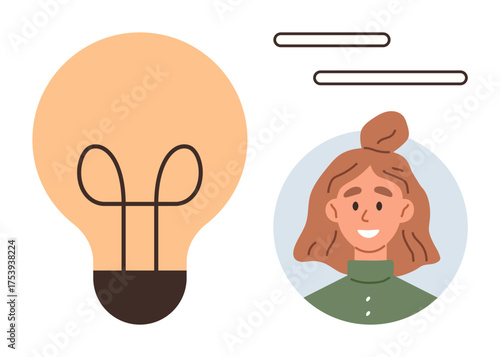 Womans portrait beside light bulb featuring innovation, creativity, teamwork, brainstorming, problem-solving, entrepreneurship, personal growth. Ideal for simple flat metaphor