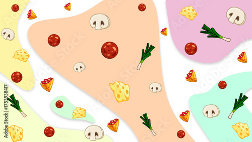 abstract illustration featuring a colorful silhouette scattered with pizza toppings, cheese, mushrooms, and scallions. Whimsical and playful stock art suitable for food themes, patterns, and creative 