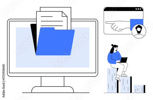 Computer display shows a folder with files, navigation panel with pointing action. Woman on bar chart using laptop. Ideal for teamwork, data sharing, remote work, file organization, online systems