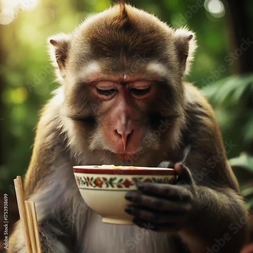  A monkey is sitting outdoors, using chopsticks to pull a long strand of noodles out of a decorative bowl and eat it.