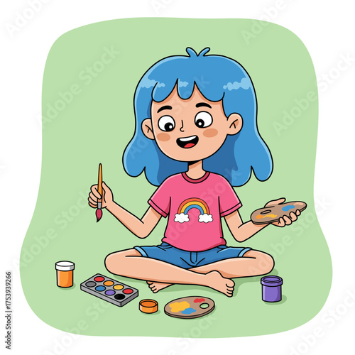 A cute cartoon girl with blue hair is sitting and painting, holding a brush and a paint palette.