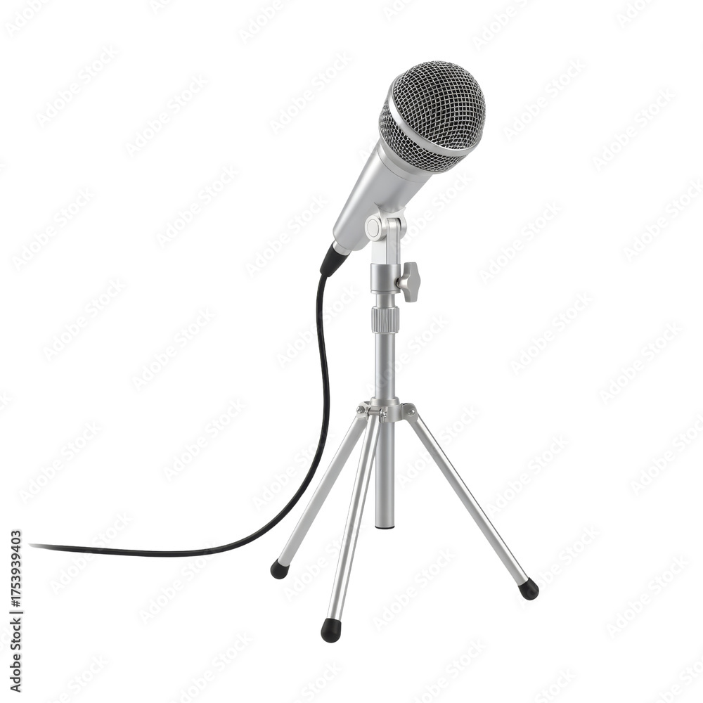 Obraz premium Silver microphone poised on a stand ready for recording podcast or performance audio equipment