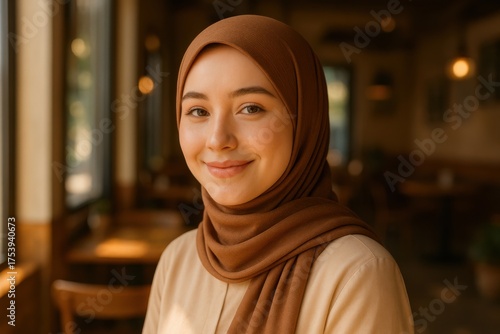 Smiling Malay woman in brown hijab at cozy cafe