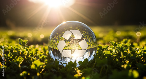 Sustainable future with recycling symbol in crystal ball on green grass