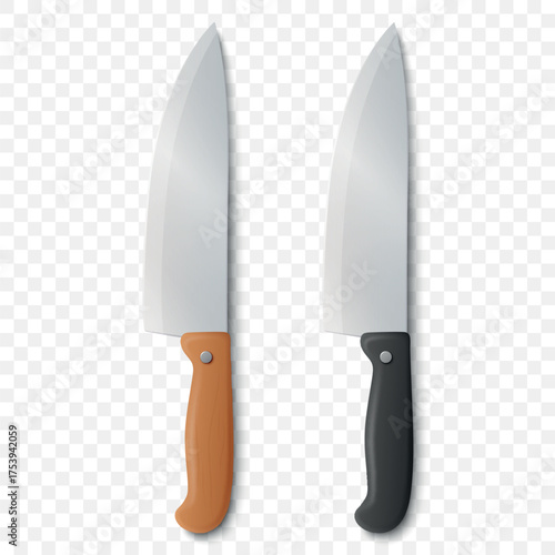 Vector 3d Chef Knife Icon Set, Top View. Stainless Steel Kitchen Knife, Isolated. Kitchen Knife with Brown and Black Handle. Chef Knife Clipart, Design Template