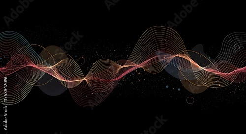 Abstract artwork features colorful flowing lines, circles, and dots against a black background