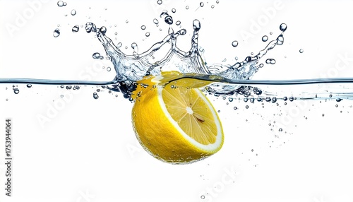 Lemon Slice Dropping into Water Creating a Splash Against White Background