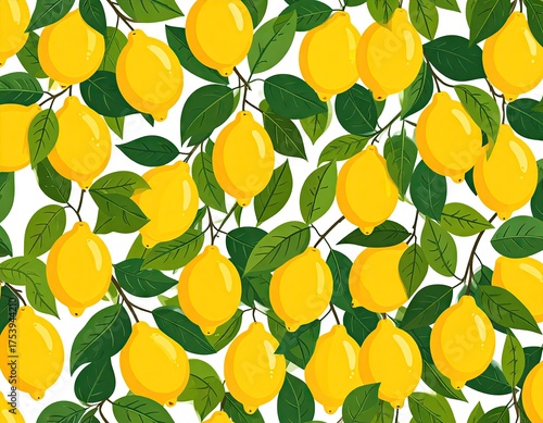 Lemon Tree Pattern with Yellow Fruits and Green Leaves Against a White Background Ideal for Textile Designs and Culinary Themes