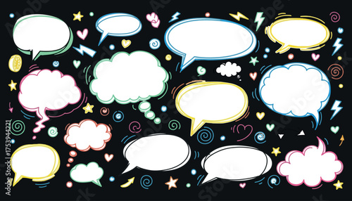 Vector art of collection of colorful speech bubbles and thought clouds with stars and lightning bolts on a, perfect for communication concepts