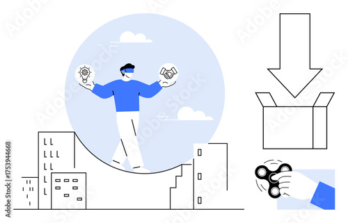 Person walking a tightrope over buildings holding icons for ideas and teamwork, with a fidget spinner hand, download arrow, and box. Ideal for balance, innovation, multitasking, creativity, risk