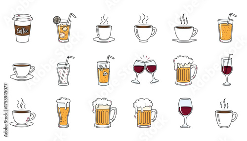Vector art of collection of various beverage icons, including coffee, tea, juice, and beer