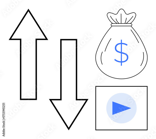 Up and down arrows, dollar money bag, and play button represent financial growth, setbacks, decisions, investments, economy, business analysis and digital tools. Ideal for economics finance