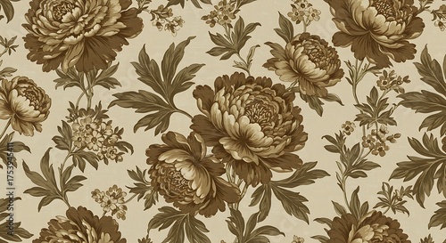 Fototapeta Naklejka Na Ścianę i Meble -  Floral pattern with large brown peonies and green leaves on a beige background
