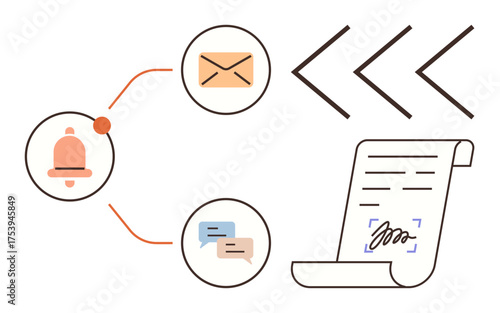 Notification bell, email, chat icons connecting to signed document with arrows indicating progression. Ideal for coordination, workflow, messaging, notifications, agreements, productivity modern