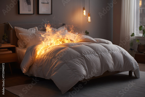 The bed in the bedroom caught fire due to a spontaneous combustion