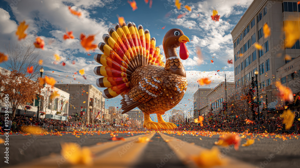 custom made wallpaper toronto digitalGiant turkey balloon floats down city street during festive autumn parade, surrounded by colorful falling leaves