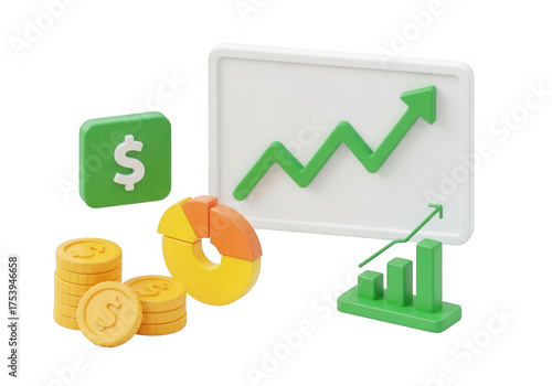 Green growth chart with coins and pie isolated on a transparent background