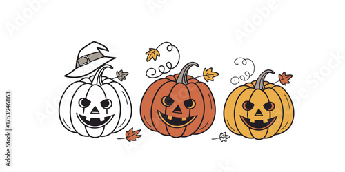Pumpkin simple flat color icons Halloween vector set white backgraound