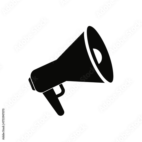 A black silhouette of a megaphone object on transparent background