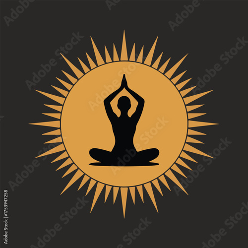 Silhouette of a person in yoga pose within a sunburst symbolizing peace and wellness