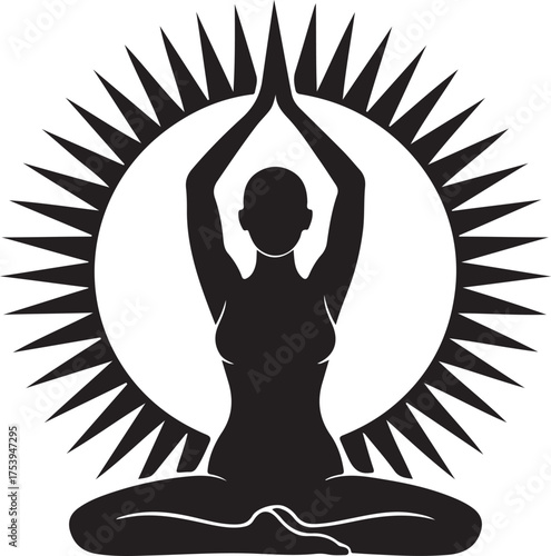 Silhouette of a meditating woman in lotus position with surrounding sunburst design element.