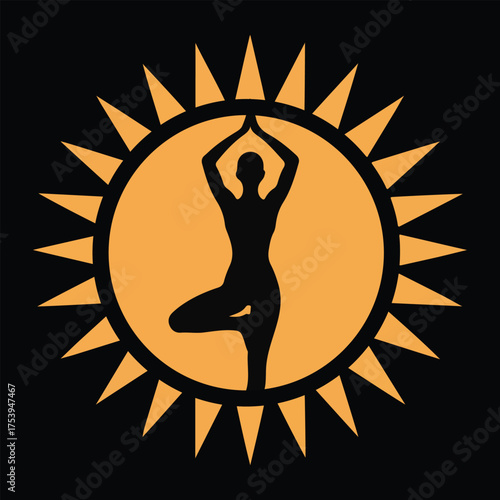 Silhouette of a yoga practitioner in tree pose within a sunburst emblem