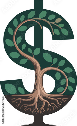 Symbolic representation of financial growth using dollar sign and thriving tree illustration