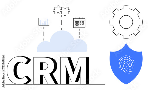 CRM text emphasizing cloud, integration with charts, calendar, security with fingerprint, and gear. Ideal for customer management, data organization, tech solutions, business workflow IT services