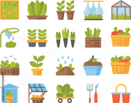 Vector illustration of garden icons depicting plants gardening tools and agricultural elements