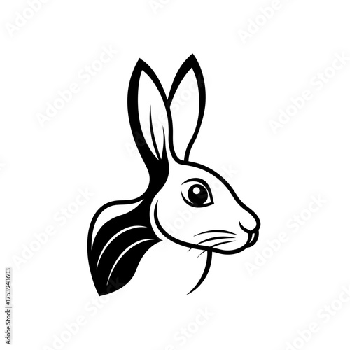 Illustration of a rabbit head in black ink on transparent background silhouette
