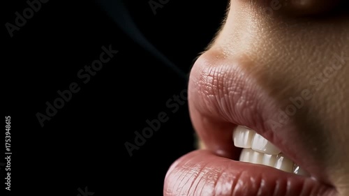 Close Up Of Woman Exhaling Smoke Dramatic Lighting Black Background Realistic