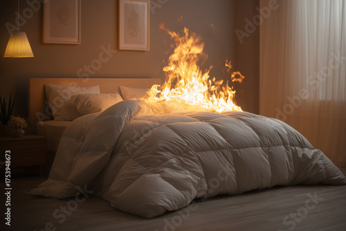 The bed in the bedroom caught fire due to a spontaneous combustion