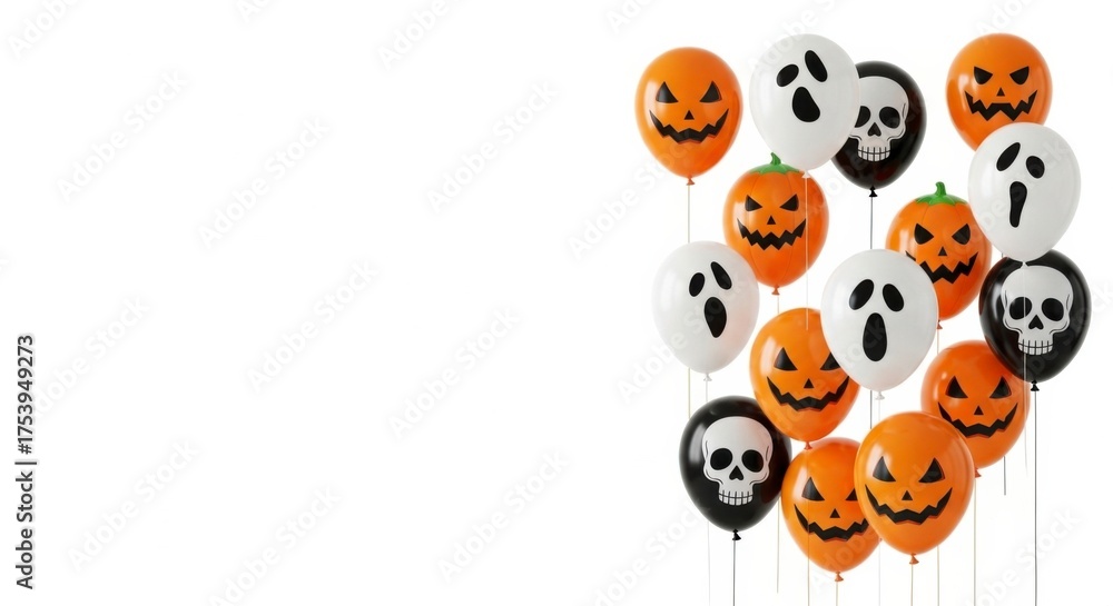 Obraz premium Festive Halloween Balloons: A vibrant collection of Halloween-themed balloons, featuring pumpkin faces, ghost expressions, and skull designs, create a playful and spooky atmosphere.