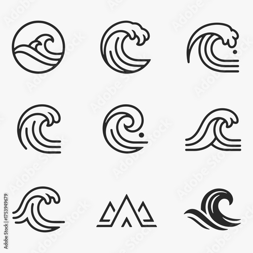 A collection of Ocean wave logos of nautical crests, each with a different shape and size.