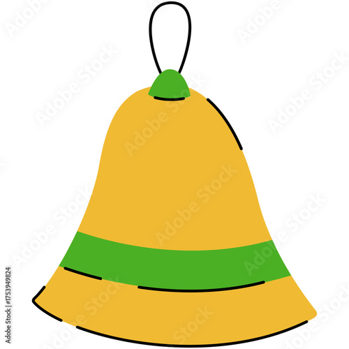 Golden christmas bell with green ribbon bow