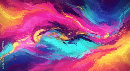Abstract artwork features swirling vibrant paint strokes in a chaotic, yet harmonious, composition