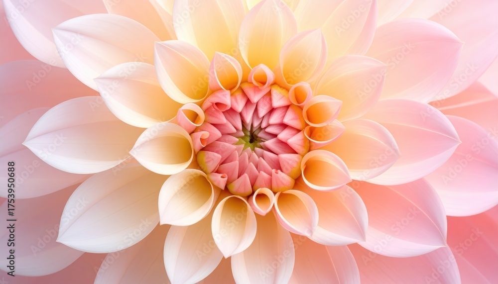 Obraz premium Top down capture of a fully opened dahlia with concentric petal geometry shaped by gentle side key on a seamless pastel backdrop with immaculate color separation