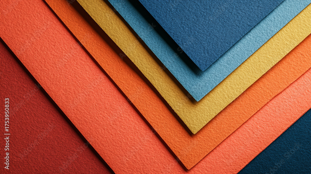 Fototapeta premium Colorful textured paper sheets layered diagonally in a vibrant presentation style