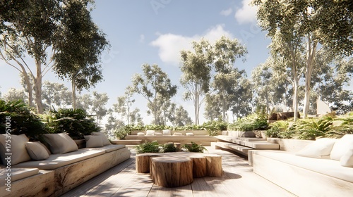 Modern outdoor seating area nestled among lush trees under a bright sky.