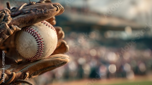 Close-up of baseball glove catching a ball with blurred field