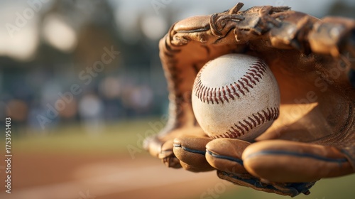Close-up of baseball glove catching a ball with blurred field