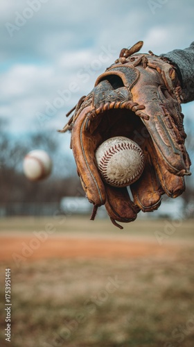 Close-up of baseball glove catching a ball with blurred field