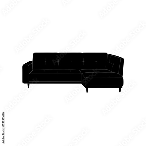 Illustration of a sectional sofa in black on transparent background silhouette