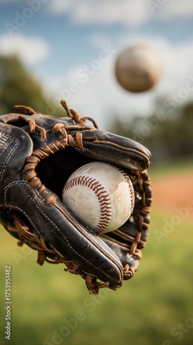 Close-up of baseball glove catching a ball with blurred field
