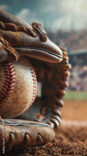 Close-up of baseball glove catching a ball with blurred field