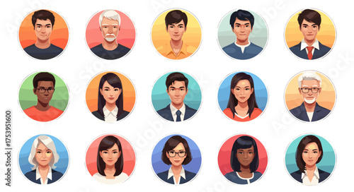 Diverse professional user avatars collection for business and social media applications, featuring various ages and ethnicities in modern flat design style