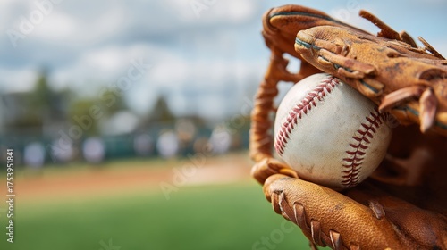 Close-up of baseball glove catching a ball with blurred field