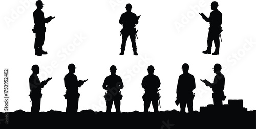 Silhouette construction workers with hard hats, tool belts, clipboards, teamwork, engineering inspection, building site, safety management, industrial labor, architecture planning