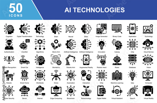 Artificial Intelligence Technologies icon set featuring icons for AI, machine learning, automation, big data, and cybersecurity. Perfect for tech, robotics, and data-driven innovation projects.